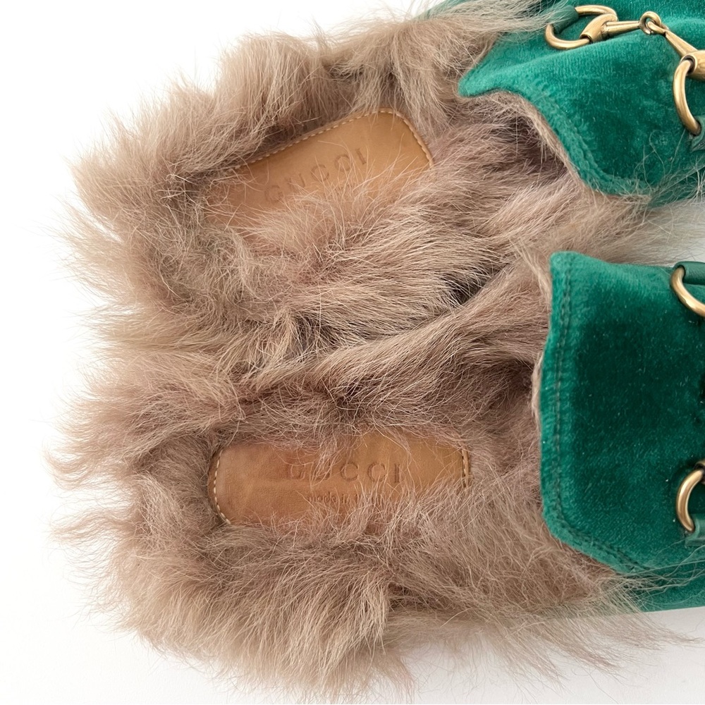 GUCCI | Princetown Fur Horsebit Green Emerald Velvet Velour Mule Slipper Flat - Picture 7 of 11